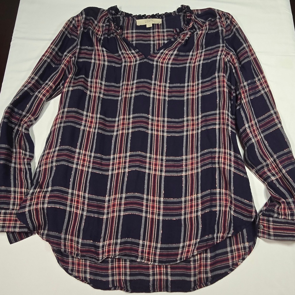 LOFT Womens Navy Red Plaid Metallic Shimmer Ruffle Neck Blouse Top Small